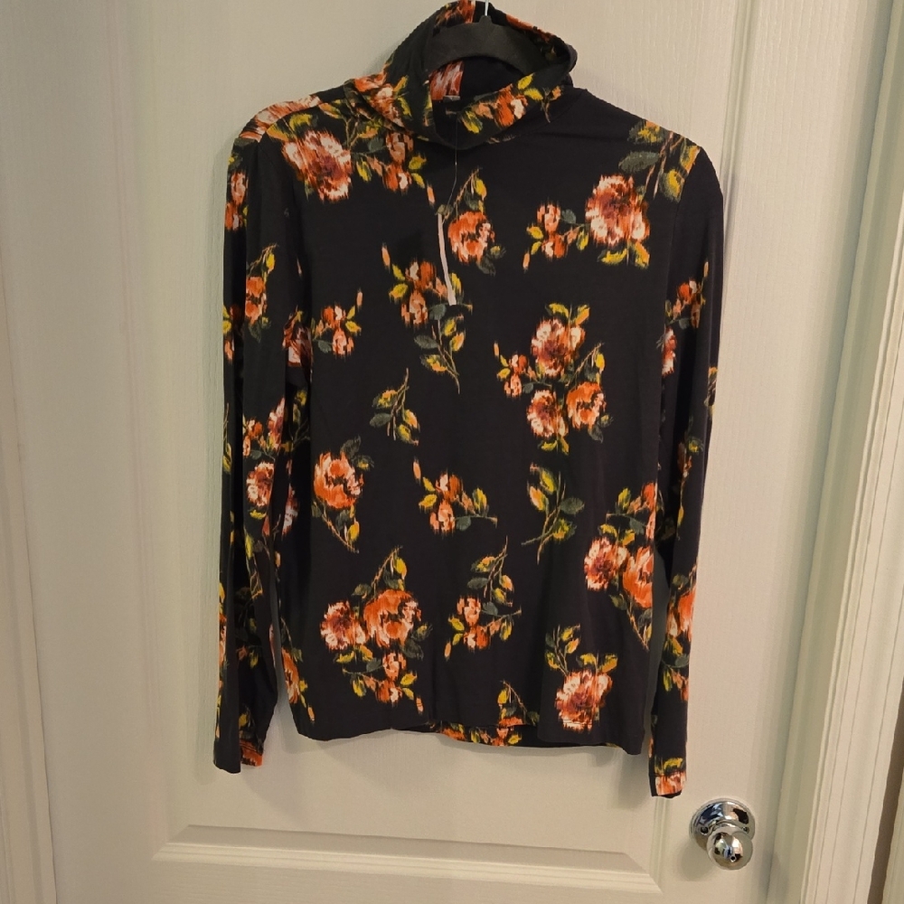 LOFT Floral Long Sleeve Top - Black and Orange